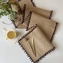 1pc Tasseled Table Runner, Square Jute Pom Pom Tabletop Decor, Christmas Party Holiday Tablecloth, Reusable Wedding Festival Table Mat - Multicolor - View 14
