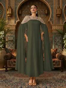 Váy Kaftan dài tay thanh lịch với họa tiết đính cườm nặng, váy Abaya dài sang trọng dành cho nữ, váy kín đáo, váy Ả Rập dành cho nữ - xanh quân đội - Xem 7