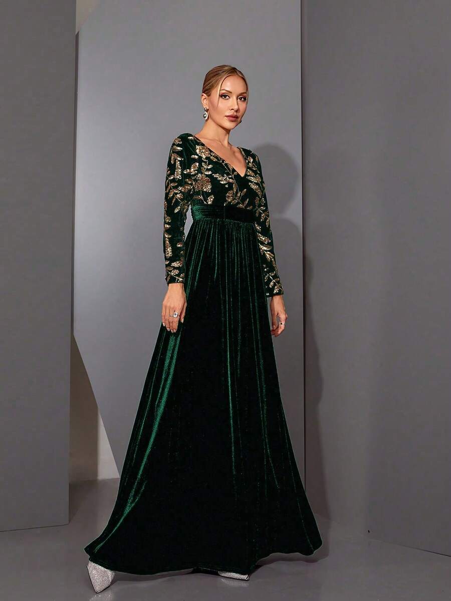 Mgiacy, A Luxurious, Shimmering Mid-Rise, Gathered-Waist, Long-Sleeved, Velvet, Flared Maxi Dress - Dark Green - View 1