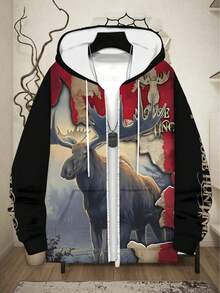 Men'S Moose Print Hoodie - Stylish Full-Zip Sweatshirt With Drawstring, Pockets & Durable Material, Unique Wildlife Design For Casual Outdoor Wear, Perfect Gift For Autumn & Winter, Outdoor Sportswear |   Moose Graphic Hoodie |   Durable Sportswear - 彩色 - 查看 4