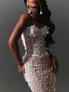 新款优雅无肩带珍珠礼服，奢华收腰长裙，适合圣诞节、新年、毕业典礼、订婚和婚礼等正式场合。 - 白色 - 查看 11