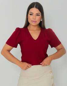 Blusa Social Feminina Manga Curta Gola V - Vinho - Visão 6