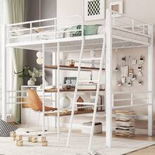 High Bed, 90*200cm, Without Mattress, Bed With Desk, Multiple Shelves, Railing, Ladder, Iron Frame, Black - 白色 + 金屬 + 90厘米*200厘米 - 查看 12