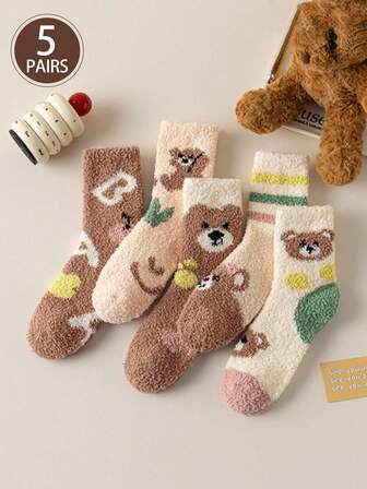 5 pares (estilo aleatorio) de calcetines de tripulación de oso marrón de felpa de coral sin desprendimiento, calcetines gruesos y cálidos con puño, calcetines de ropa de dormir de dibujos animados, calcetines acogedores