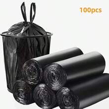 100pcs Black Garbage Bags, Made Of Durable PE Material, With Handles And Tear Lines.