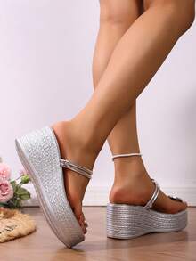 Sandalias de mujer cómodas con plataforma, decoración redonda y hebilla, nuevo estilo de moda para mujeres 2025 - Plateado - Ver 5