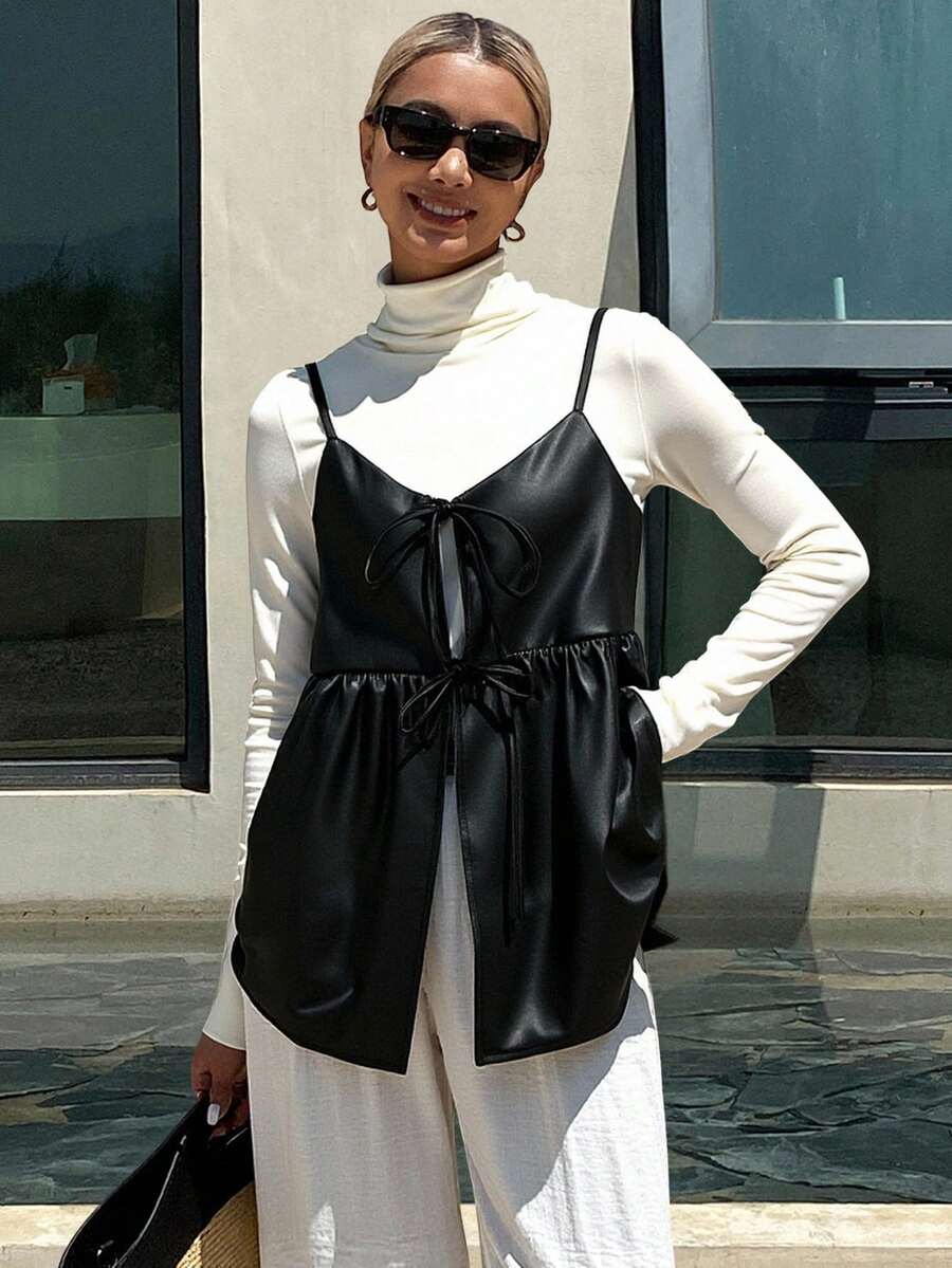 Livesso 女士纯黑色PU面料系带抽绳宽松百搭休闲吊带背心