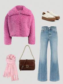 Tricou elegant și la modă pentru femei, stil universitar, simplu, stilat, casual și versatil, cu mânecă lungă, roz, ondulat, cu rever rafinat din imitație de lână, design cu fermoar central în față, rezistent la vânt pe spate, material din imitație de blană, potrivit pentru Halloween, Ajunul Crăciunului. - Roz - Vizualizare 1