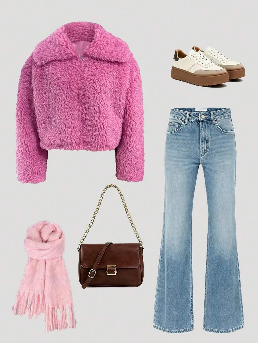 Tricou elegant și la modă pentru femei, stil universitar, simplu, stilat, casual și versatil, cu mânecă lungă, roz, ondulat, cu rever rafinat din imitație de lână, design cu fermoar central în față, rezistent la vânt pe spate, material din imitație de blană, potrivit pentru Halloween, Ajunul Crăciunului. - Roz - Vizualizare 1