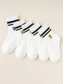 随机赠送1/5双儿童卡通趣味印花袜子套装，图案包括猴子、香蕉、恐龙、鲨鱼和咖啡女郎，可爱平行条纹设计，学生必备袜子 - 彩色 - 查看 4