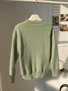 Women'S Cozy Cable Sweater With Playful Cat Print - Beige & Brown, Loose Fit, Long Sleeve, Round Neck, Casual Fall/Winter Top, Casual Winter Wear | Playful Cat Design | Construction, Cat Sweater - 綠色 - 查看 2