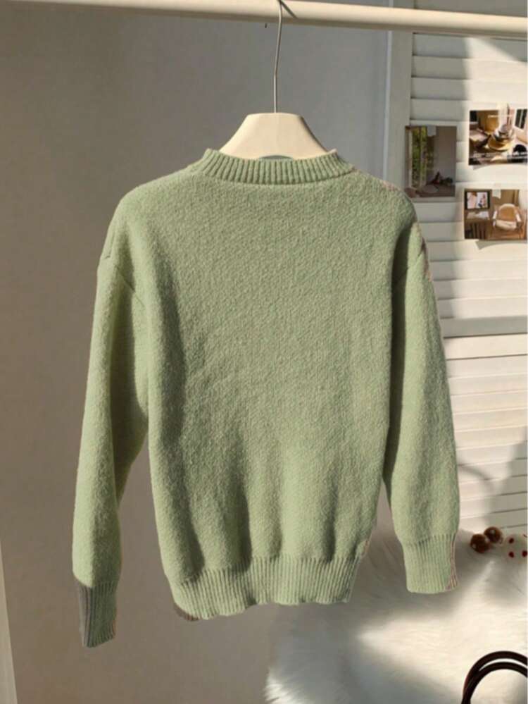 Women'S Cozy Cable Sweater With Playful Cat Print - Beige & Brown, Loose Fit, Long Sleeve, Round Neck, Casual Fall/Winter Top, Casual Winter Wear | Playful Cat Design | Construction, Cat Sweater - 綠色 - 查看 2