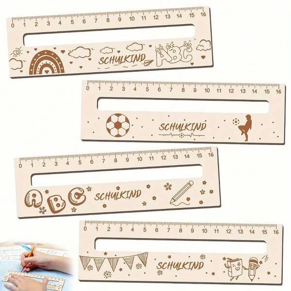 4pcs/Set Cute "Schulkind" Wooden Ruler, Award Gift, Learning Supplies