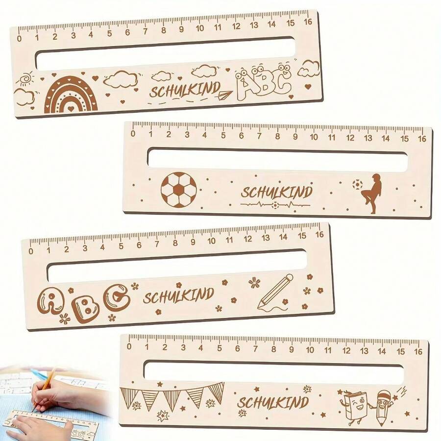4pcs/Set Cute "Schulkind" Wooden Ruler, Award Gift, Learning Supplies - Ruler - View 1