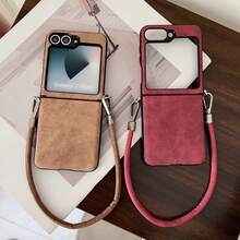 1pc Stylish Minimalist Suede PU Leather Folding Phone Case Compatible With Samsung Galaxy Z Flip7/6/5/4 - Women's Wristlet Strap Full Body Shockproof Protective Cover