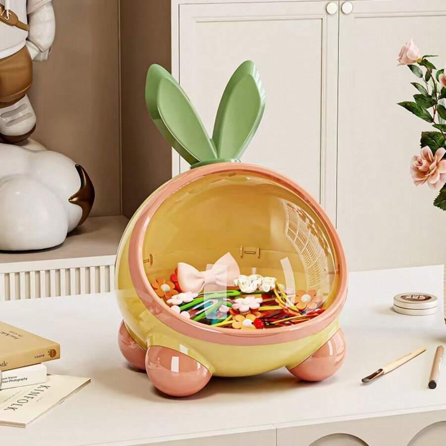 1pc Plastic Dustproof Desktop Storage Box, Cute Rabbit Ear Design Bedroom Toy Snack Organizer Box, Available In Pink White, Healing Blue, Soft Pink - Multicolor - View 1