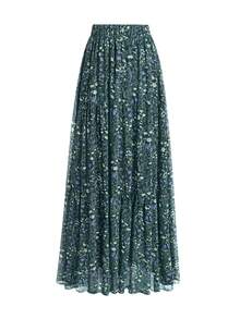 EARO 女式海军蓝碎花 A 字裙，高腰休闲宽松度假优雅设计拼布喇叭裙，春秋 - 墨綠色 - 查看 2