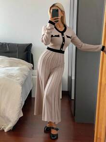 Livesso 女士优雅撞色圆领毛衣连衣裙，秋季长款连衣裙 - 杏色 - 查看 3