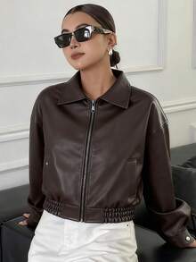 Livesso Spring New Vintage Leather Jacket, Short Style, Regular Fit, Women's Jacket For Valentine's Day Fall,Winter - Brown - View 4