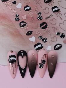 2 miếng dán móng tay hình trái tim, môi và quả anh đào độc đáo, họa tiết trái tim viền đồng kim loại, thích hợp cho móng acrylic, phụ kiện trang trí móng 3D tự dính. - Nhiều màu - Xem 5