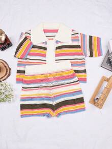 Apperloth A Y2K 彩虹条纹针织两件套，撞色镂空半透明 Polo 领纽扣短款短袖针织上衣和松紧腰钩编短裤，夏季沙滩度假女装 - 彩色 - 查看 4