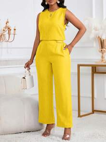 女士时尚休闲无袖上衣长裤两件套，斜插口袋和纽扣细节设计，优雅夏季 - 鵝黃 - 查看 3