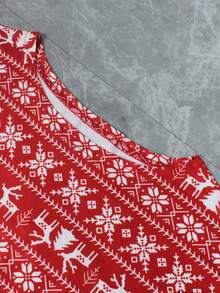 2 piezas Conjunto de top de manga larga y shorts de punto con estampado de renos navideños casuales y deportivos para mujer, apto para uso en el hogar, para todas las estaciones - Rojo - Ver 7