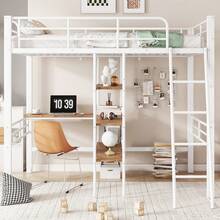 High Bed, 90*200cm, Without Mattress, Bed With Desk, Multiple Shelves, Railing, Ladder, Iron Frame, Black - 白色 + 金屬 + 90厘米*200厘米 - 查看 6