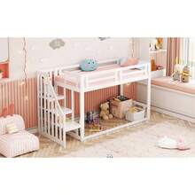Children's Bed 90*200cm, Low Bunk Bed With Ladder, Solid Wood Bed Frame With Slatted Sides, White - White + Solid Wood - View 2