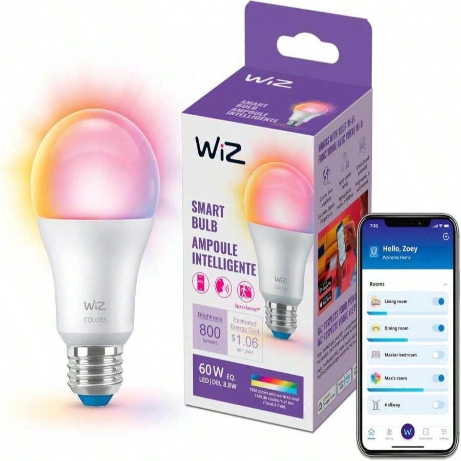 WiZ Connected Smart Light Bulbs, Sunset To Sunrise Automation + Motion Detection + Control With Voice Or App, Full Color A19 60W 800LM Indoor, Matter Compatible -3 Pack - MàuA - Xem 1