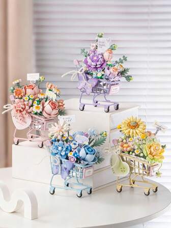 LOZ Rosbukettset med kundvagn, gör-det-själv-handgjord konserverad blomma, solrosbyggklossleksak, bästa presenten för kvinnor på alla hjärtans dag, födelsedag, jul, helgdag