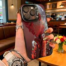 Cubierta de telefono con diseño de cristal para iPhone 14 Pro Max color negro con impresion de mujer futurista en tonos rojos y dorados estilo cyberpunk adecuada para uso diario en cafeterias y salones elegantes - Blanco - Ver 3