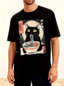 Men'S Retro Japanese Lamian Noodles Cat T-Shirt - Black Kitten Noodle Design Round Neck Short Sleeved Shirt, All-Weather General Cartoon Lovers And Pet People Casual Shirt - Daily Street Style, Retro Printing Design, Comfort And Fashion, Street Style Minimalist Style Sweatshirt - 黑色 - 查看 5