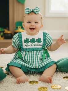 Mi primer atuendo para el Día de San Patricio para bebé niña, vestido de pelele a cuadros con bordado de trébol, manga corta abullonada, lazo, falda de lino con volantes, mono de lino de algodón, vestidos de princesa, ropa irlandesa para recién nacida con diadema. - Verde - Ver 4