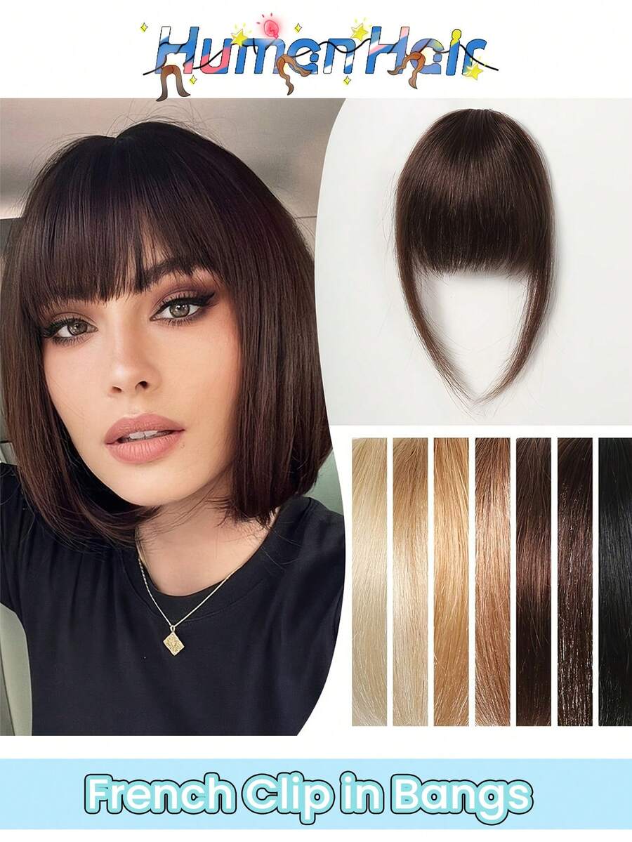French Clip In Human Hair Bangs For Women Daily Wear Straight Hair Bangs Natural Black & Moca Brown Wispy Air Bangs With Temples Brown Black Fringes Real Human Hair Bangs Hairpiece