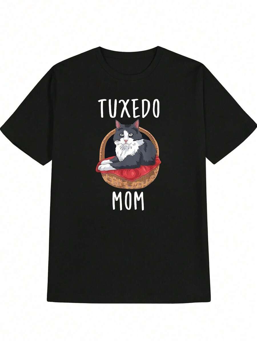 Damska koszulka z nadrukiem Tuxedo Catwoman – czarna z biało-szarym motywem kota, luźny krój, casualowa bluzka dla kobiet i dziewcząt, idealny prezent dla miłośniczek kotów, na Dzień Matki, urodziny, codzienne stylizacje – można prać w pralce, koszulka z kotem, odzież codzienna, zabawny design, wygodny krój, odzież damska, moda wiosenna, wytrzymały materiał - Czarne - Zobacz 1