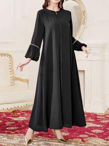Abaya Robe Fashion Women's Elegant Sequin Long Sleeve Loose Zipper Dress - Black - View 10