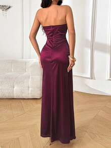 Onicee 夏季连衣裙，酒红色，时尚纯色优雅系腰缎开衩派对连衣裙，适合情人节、约会、聚会、派对、旅行、度假、海滩等场合。 - 酒紅色 - 查看 4