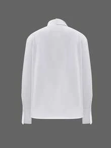 Blusa de manga larga holgada con cuello hueco para mujer, de tela tejida de unicolor, casual para oficina, uso diario, citas, primavera/otoño, blanco verano - Blanco - Ver 2