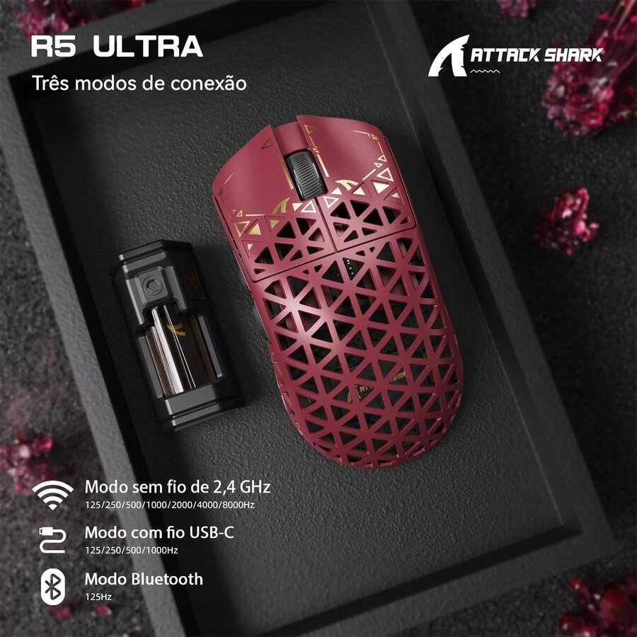ATTACK SHARK R5Ultra Carbon Fiber Wireless Gaming Mouse, 8K Polling Rate, 42000 DPI – PAW3950 MAX Sensor – 39g Ultralight – Nordic 52840 MCU Chip – Wired/Bluetooth/2.4GHz Programmable Mouse For PC/Win - Đỏ - Xem 1