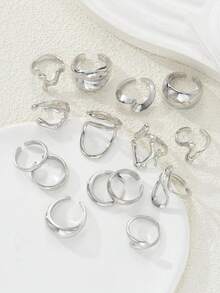 15pcs Vintage Elegant Asymmetrical Twisted Design Chunky Ring Set, Suitable For Women's Daily, Vacation, Party, Wedding Wear, Stackable, Accessory For All Year Round - Silver - View 3