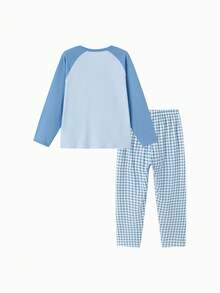 Balabala Tween Girl 2025 Spring New Cotton Colorblock Top & Plaid Pants Pajama Set - Blue Tint - View 5