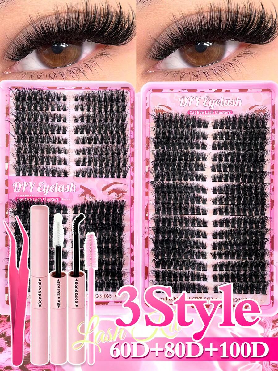 640片/60片D型卷翘簇状假睫毛大容量套装，附赠新手友好型假睫毛教程，浓密蓬松DIY分段式假睫毛，含粘合剂和封口剂，配备镊子、刷子，可放大双眼，轻盈可重复使用，大容量单根假睫毛套装，柔软自然的混合睫毛，打造3D立体眼妆，居家DIY，便携旅行，方便日常通勤、晚宴、婚礼新娘妆容等场合使用。 - 彩色 - 查看 1