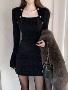 Alicedudu 女士秋冬优雅修身毛衣裙 - 黑色 - 查看 1