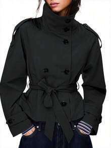 European And American Autumn And Winter New Women's Clothing Temperament Commuting Stand-Up Collar Double-Breasted Waist Tie Windbreaker Jacket - màu đen - Xem 1