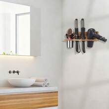 Wall-Mounted Hair Styling Tool Rack, Sturdy Pine Wood Construction, Detachable Stainless Steel Cup, Suitable For Storing Hair Dryers, Straighteners, Curling Irons, Combs, Etc., Brown. - 棕色 - 查看 2