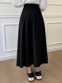 Livesso Women's High Waist A-Line Long Casual Elegant Skirt - Black - View 6