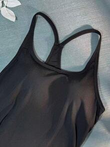 女士无袖加垫吊带背心，薄款弹力针织吊带背心，简约风格夏季服装 - 黑色 - 查看 10