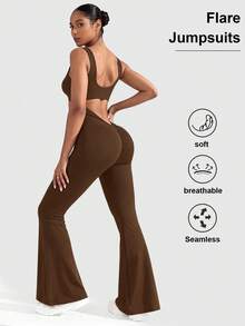 VVX Womens Flare Jumpsuits One Piece Seamless Butt Scrunch Workout Romper Square Neck Backless Wide Leg Unitard Fall Women Outfits - 棕色 - 查看 1