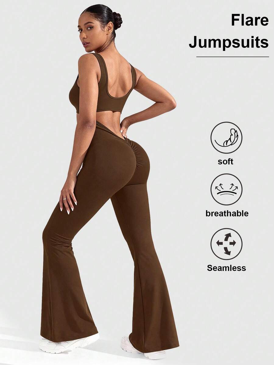 VVX Womens Flare Jumpsuits One Piece Seamless Butt Scrunch Workout Romper Square Neck Backless Wide Leg Unitard Fall Women Outfits - 棕色 - 查看 1